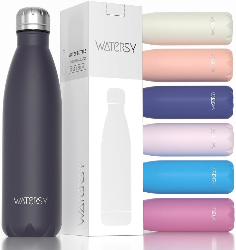 WATERSY Stainless Steel water bottles,17oz/500ml Insulated Water Bottles,Dark Purple metal water bottle Keeps Drink Cold and Hot,BPA Free kids water bottles for School,Gym,Travel,Sports - Image 1